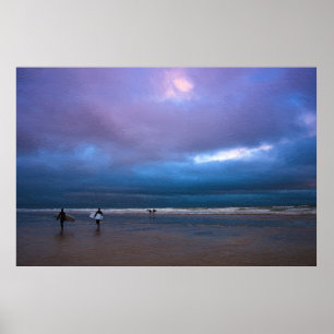 Dark moody purple sky seascape oil painting poster