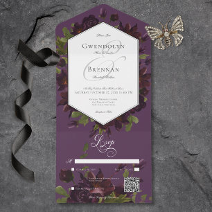 Dark Moody Purple Watercolor Floral QR Code All In One Invitation