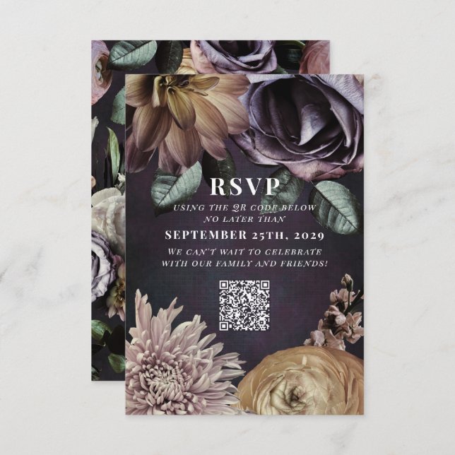 Dark Moody Purple Wedding QR Code Please Reply RSVP Card (Front/Back)