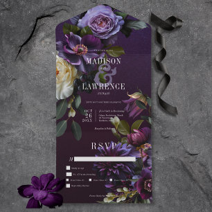 Dark Moody Purple & White Floral Dinner All In One Invitation
