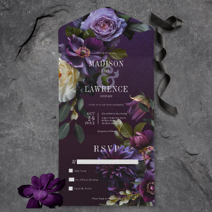 Dark Moody Purple & White Floral No Dinner All In One Invitation