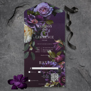 Dark Moody Purple & White Floral QR Code All In One Invitation