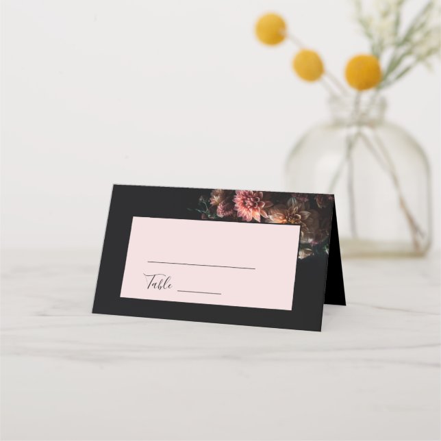 Dark Moody Realistic Flowers Wedding Place Card (Front)
