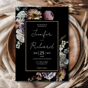 Dark Moody Retro Vintage Floral Black Wedding  Invitation