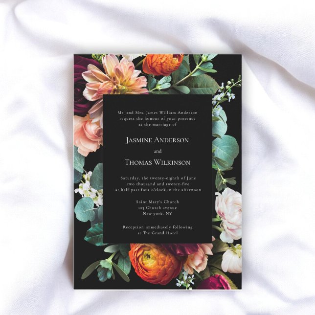 Dark moody romantic dutch floral traditional  invitation (moody romantic dutch floral wedding invitation with traditional text )