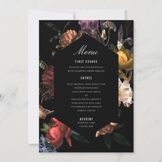 Dark Moody Romantic Floral Dutch Painterly Menu Invitation (Front)