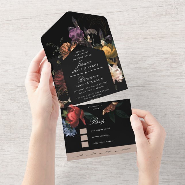 Dark Moody Romantic Floral Dutch Painterly Wedding All In One Invitation (Tearaway)
