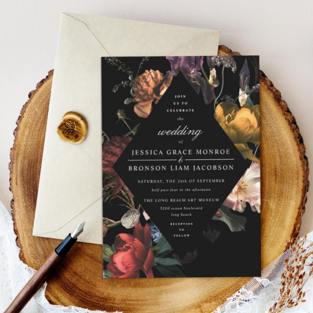 Dark Moody Romantic Floral Dutch Painterly Wedding Invitation (Creator Uploaded)