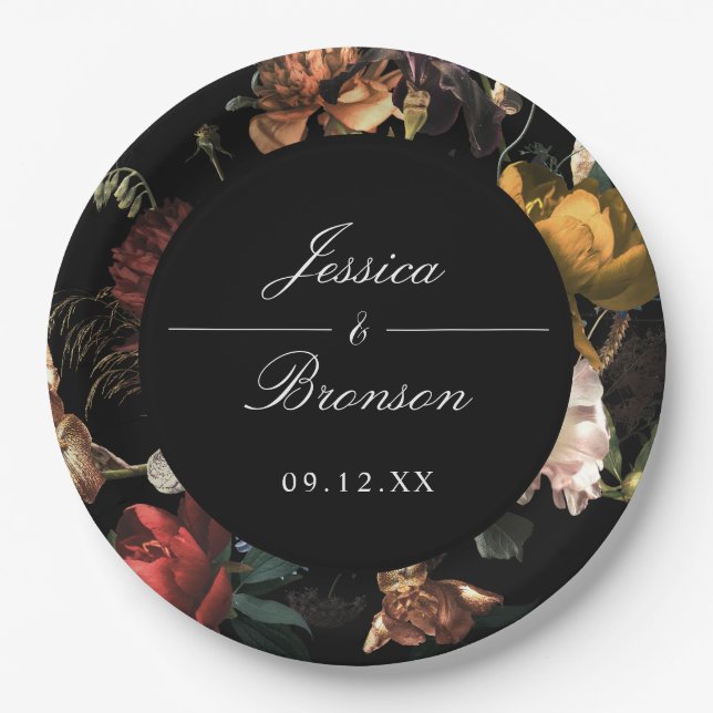 Dark Moody Romantic Floral Dutch Painterly Wedding Paper Plate (Front)