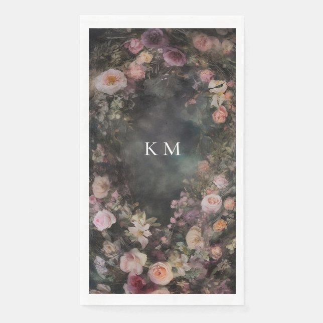 Dark Moody Romantic Floral Monogram Wedding Napkin (Front)