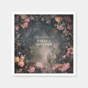 Dark Moody Romantic Floral Wedding Couples Names Napkin