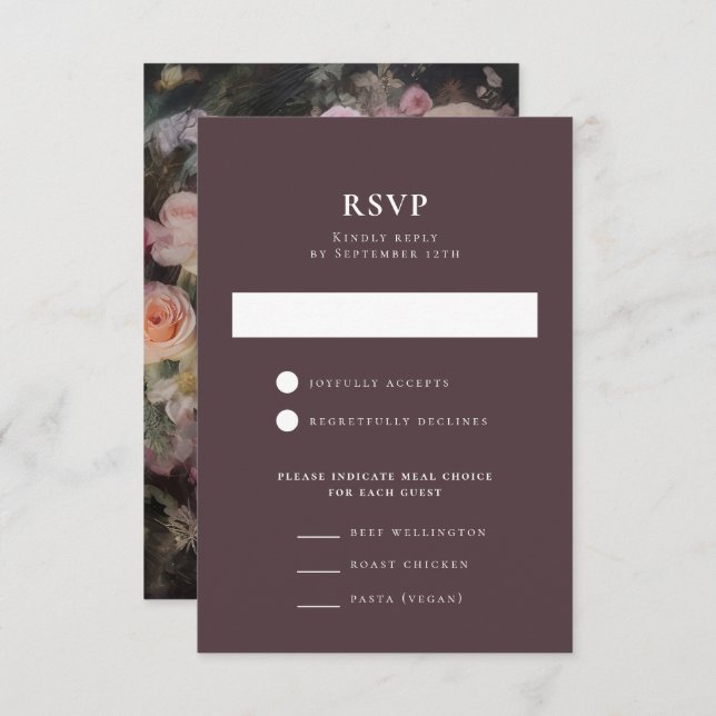 Dark Moody Romantic Floral Wedding Reception RSVP Card (Front/Back)