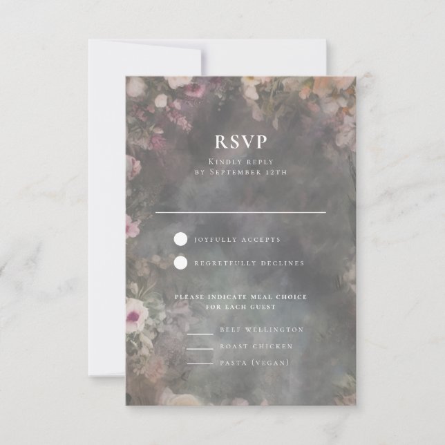 Dark Moody Romantic Floral Wedding Reception RSVP Card (Front)