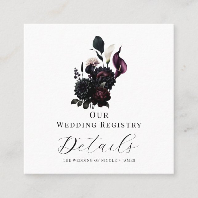 Dark Moody Romantic Floral Wedding Registry QR  Square Business Card (Front)