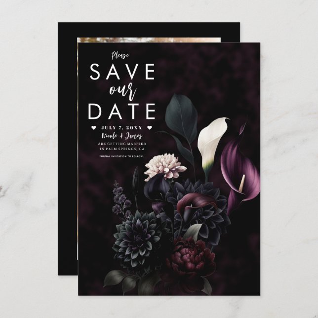 Dark Moody Romantic Floral Wedding Save the Date Invitation (Front/Back)