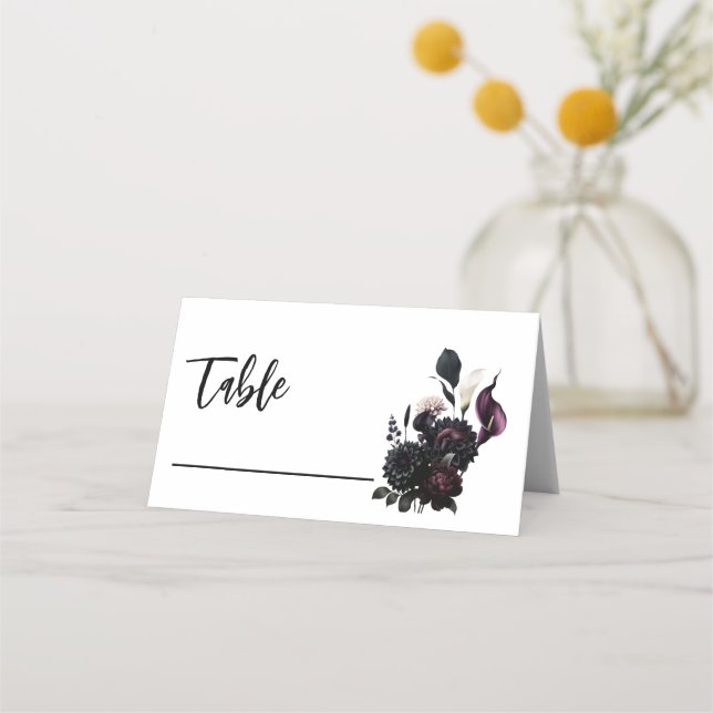 Dark Moody Romantic Floral Wedding Table Seating Place Card (Front)