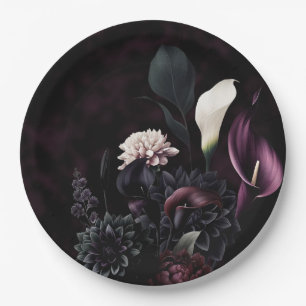 Dark Moody Romantic Floral White Wedding Paper Plate
