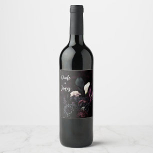 Dark Moody Romantic Floral White Wedding Wine Label