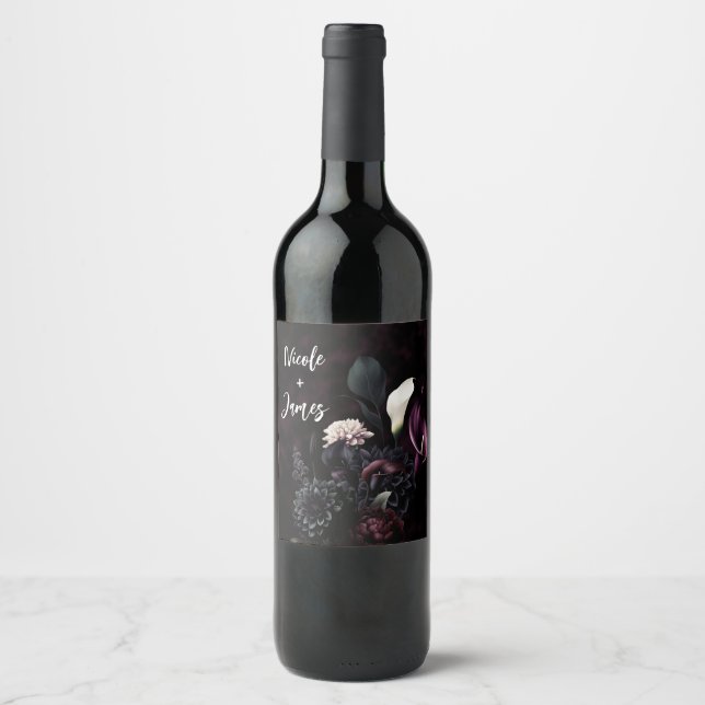 Dark Moody Romantic Floral White Wedding Wine Label (Front)