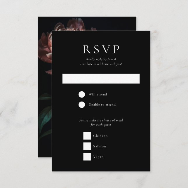 Dark Moody Romantic Gothic Flowers Wedding RSVP Card (Front/Back)