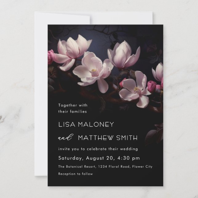 Dark  Moody Romantic Magnolia Flowers Invitation (Front)