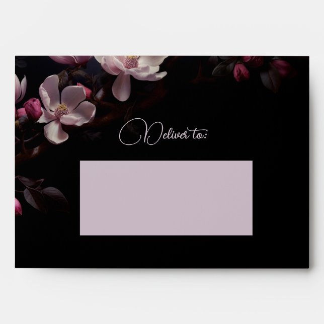 Dark Moody Romantic Magnolia Flowers Wedding Envelope (Front)
