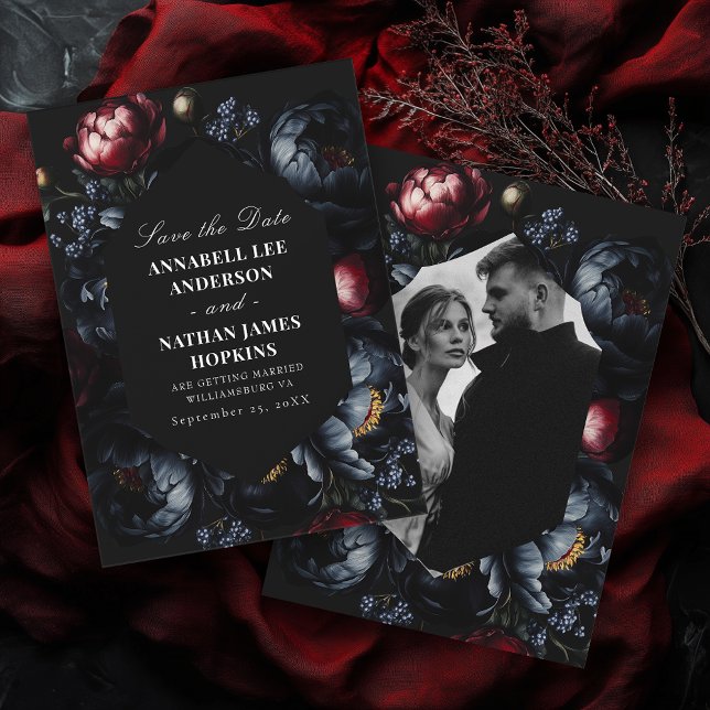 Dark Moody Romantic Peony Gothic Wedding Photo Save The Date (Creator Uploaded)