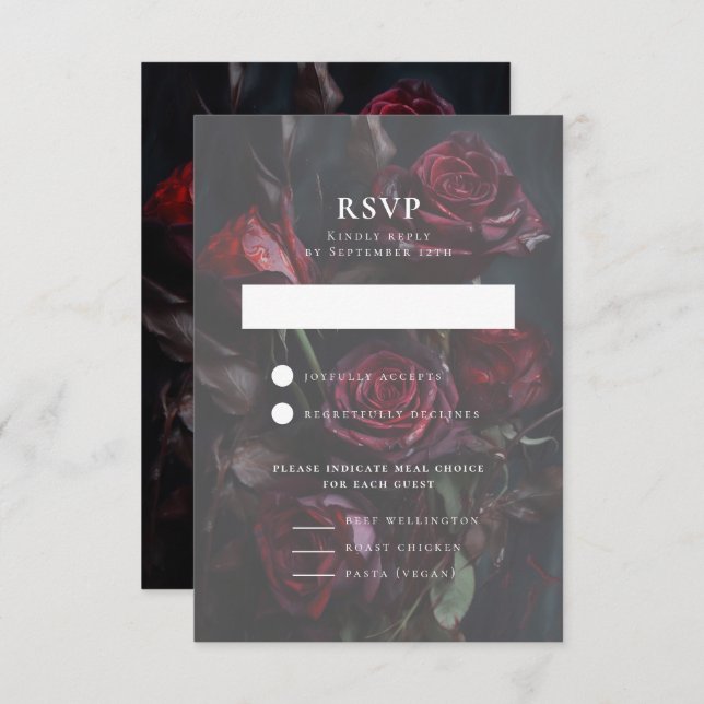 Dark Moody Romantic Roses Wedding Meal Choice RSVP Card (Front/Back)