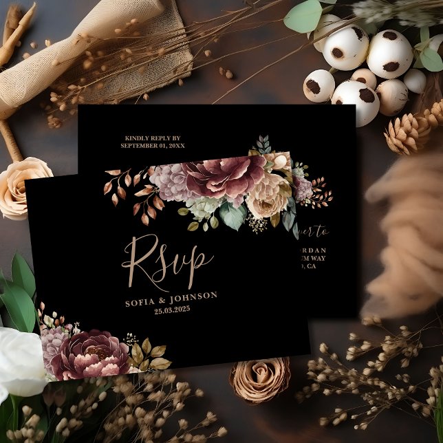 Dark Moody Rose Fall Winter Floral Wedding Rsvp Postcard (Creator Uploaded)