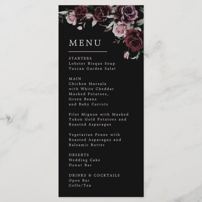Dark Moody Roses Wedding Menu (Front)