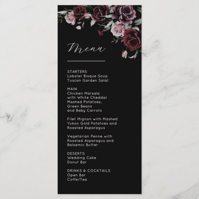 Dark Moody Roses Wedding Menu (Front)