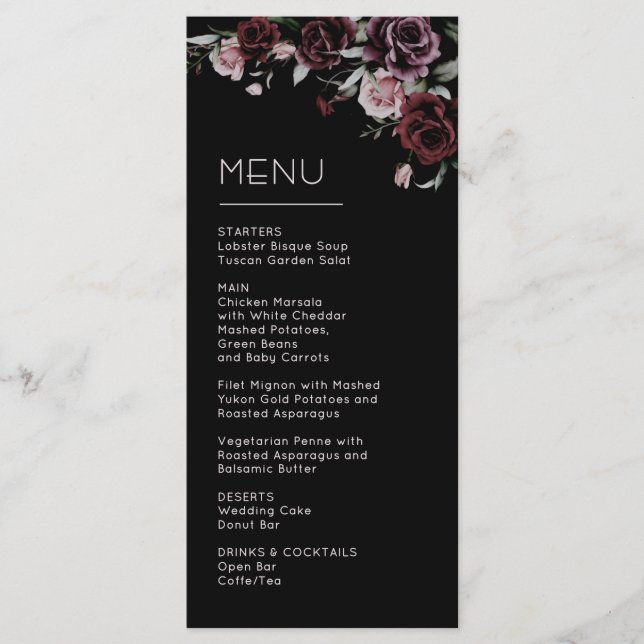 Dark Moody Roses Wedding Menu (Front)