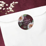 Dark   Moody Rustic Floral Wedding Favour Classic Round Sticker<br><div class="desc">Beautiful painted flowers on a painted dark background paired with elegant typography give this wedding favour sticker dark,  moody and romantic style. Simply edit the template with your info and choose any options. Coordinating wedding items are available in our store or see the design collection... </div>