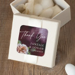 Dark   Moody Rustic Floral Wedding Favour Square Sticker<br><div class="desc">Beautiful painted flowers on a painted dark background paired with elegant typography give this wedding favour sticker dark,  moody and romantic style. Simply edit the template with your info and choose any options. Coordinating wedding items are available in our store or see the design collection... </div>