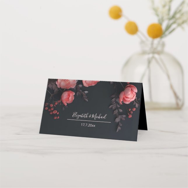 Dark Moody Sculptured Flowers Wedding Place Card (Back)