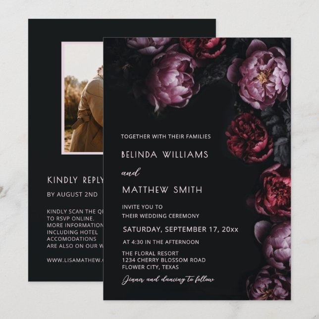 Dark Moody  Textured Flowers Wedding Invitation (Front/Back)