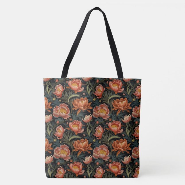 Dark & Moody Vibrant Orange Peony Flowers Tote Bag (Front)