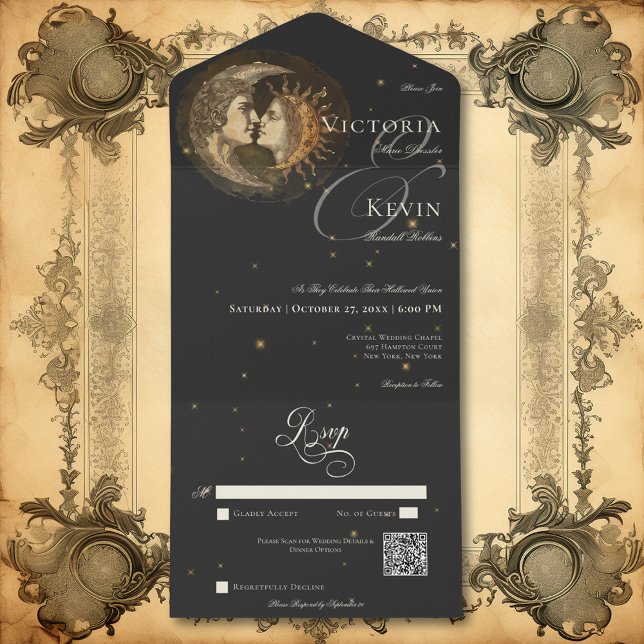 Dark Moody Victorian Kissing Moon & Sun QR Code All In One Invitation (Dark Moody Victorian Kissing Moon & Sun QR Code All In One Invitation)