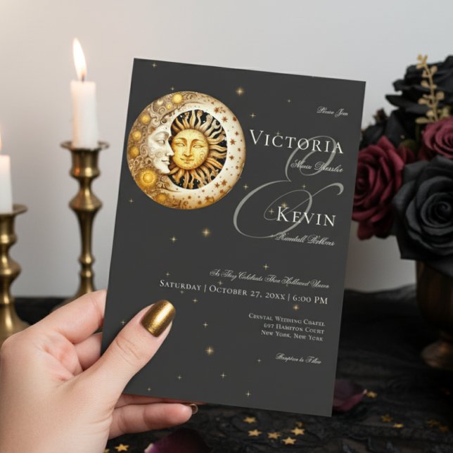 Dark Moody Victorian Moon Sun Stars Wedding Invitation (Creator Uploaded)
