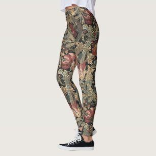 Dark Moody Vintage Floral Botanical Pattern Leggings