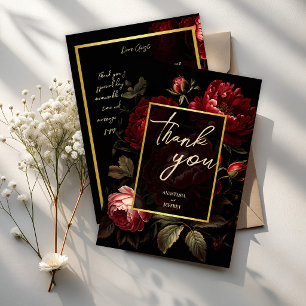 Dark moody vintage roses gothic wedding thank you card