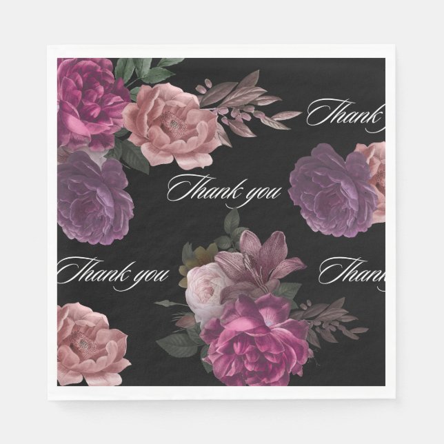 Dark moody watercolor floral black Bridal Shower  Napkin (Front)
