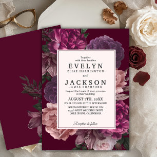 Dark moody Watercolor floral fall Winter Wedding  Invitation