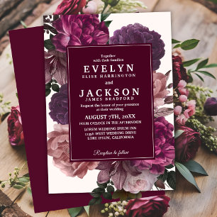 Dark moody Watercolor floral fall Winter Wedding  Invitation