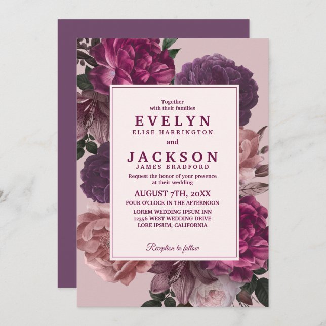 Dark moody Watercolor floral Winter Wedding  Invitation (Front/Back)