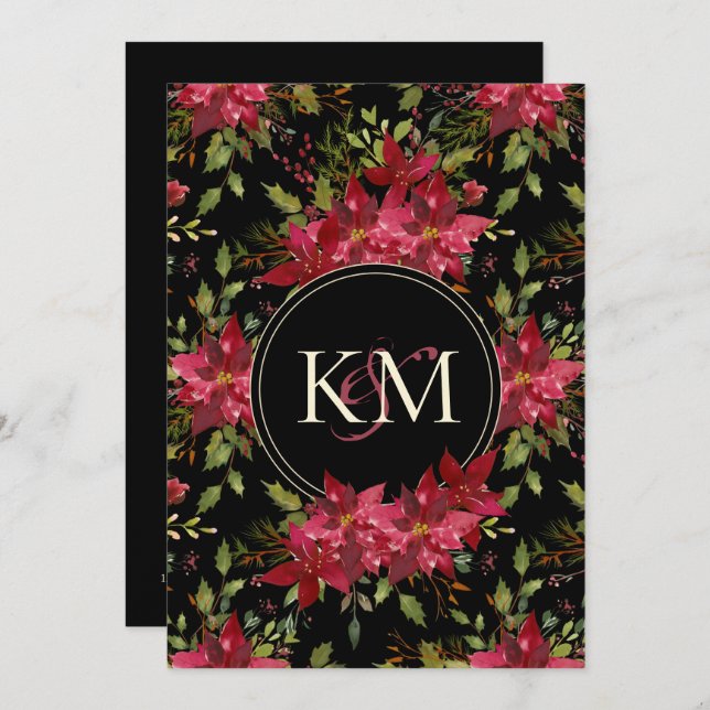 Dark Moody Wedding Claret Red Poinsettia Monogram Invitation (Front/Back)