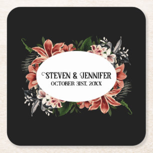 Dark & Moody Wedding Personalised Names Square Paper Coaster