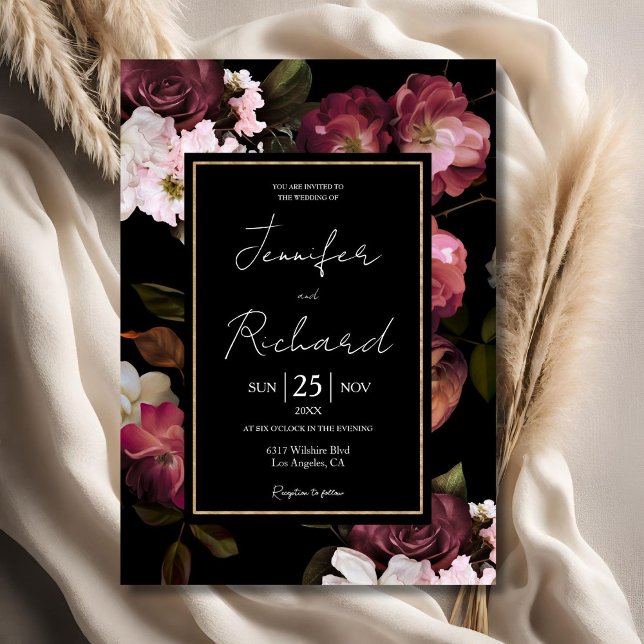 Dark Moody Wedding Purple Flowers Elegant Black Invitation (Creator Uploaded)