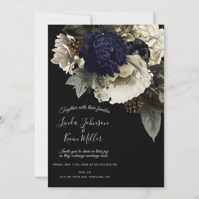 Dark Moody Winter Floral Wedding Invitation (Front)