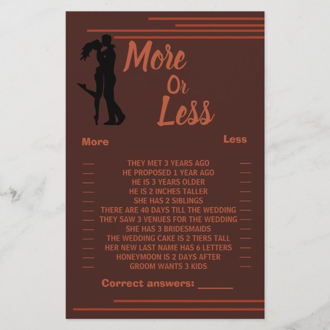 Dark, More or Less Couples, Shower Game Card Flyer (Front)